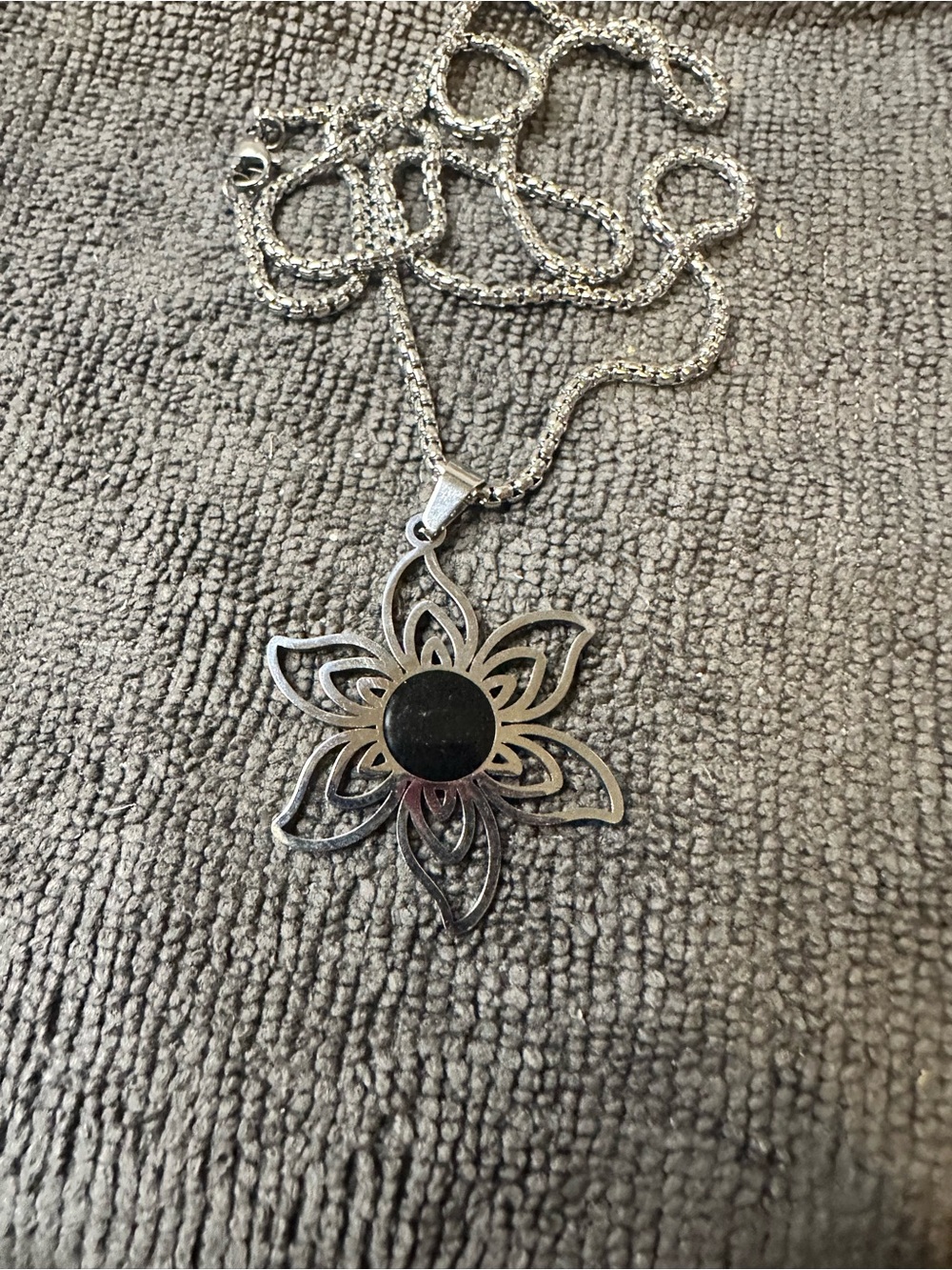 Silver Flower Pendant Necklace with Black Center Accent